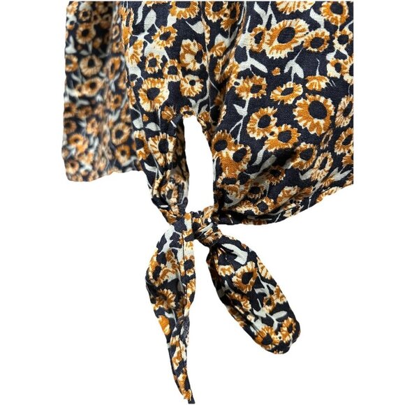 LL Bean Signature Linen Top Womens Size Large Floral Tie Front Brown Black - Picture 2 of 8